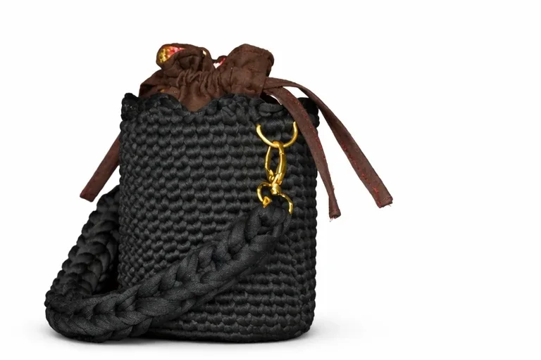 Black Crochet Bucket Bag with Braided Handle