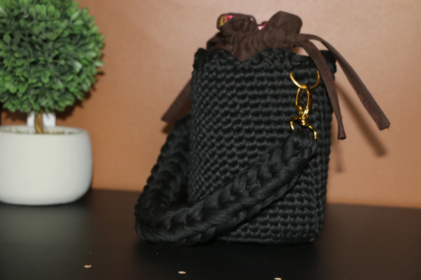 Black Crochet Bucket Bag with Braided Handle - photo 4