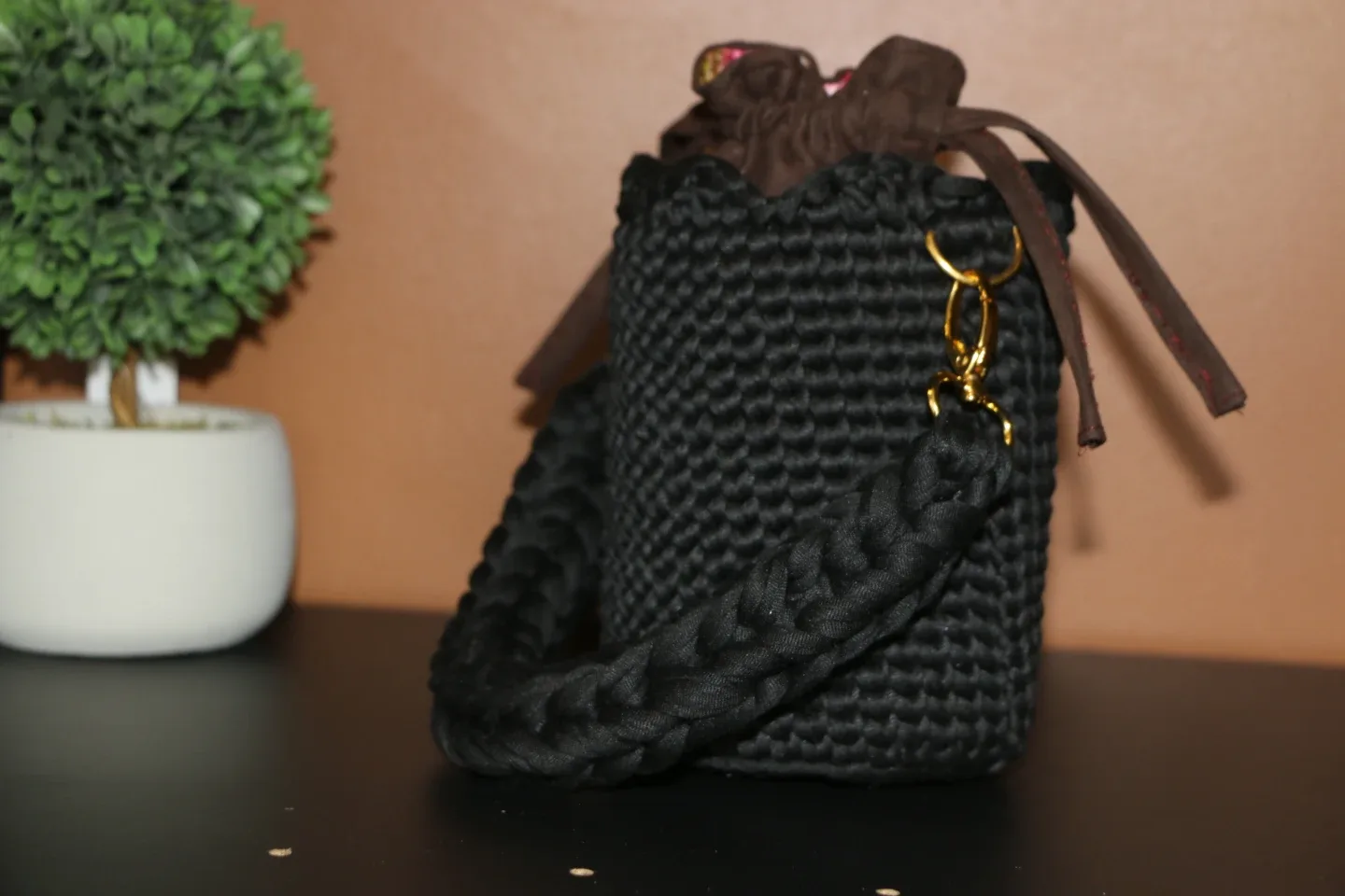 Black Crochet Bucket Bag with Braided Handle - photo 4