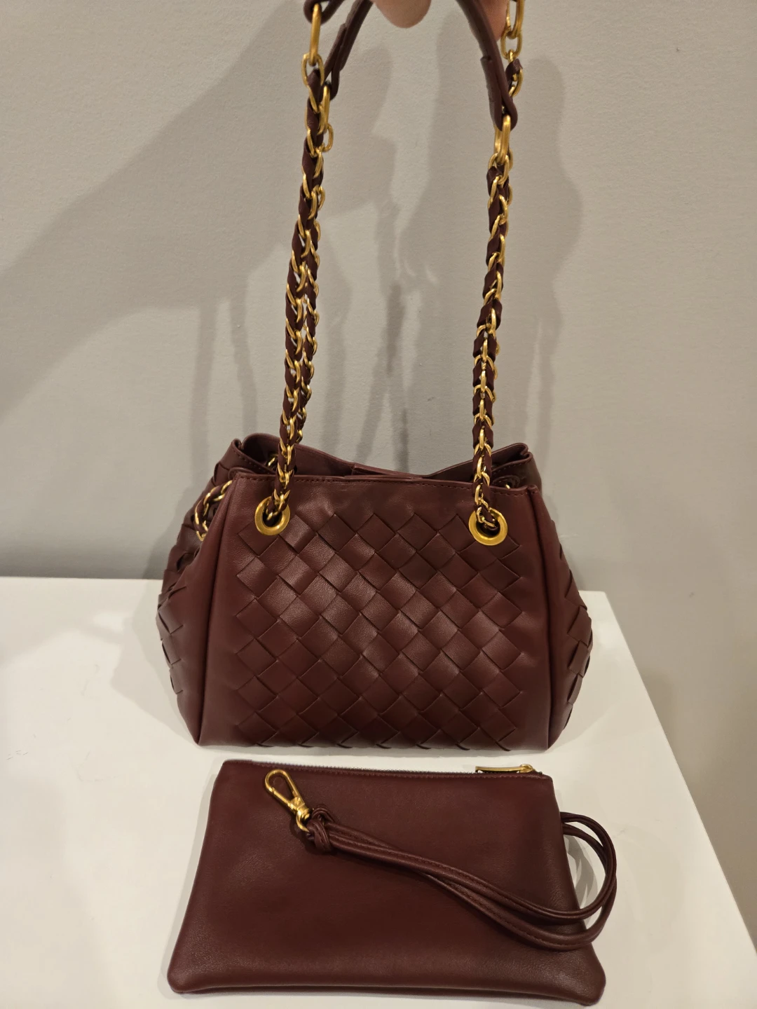 Woven Chain Handle Handbag with Clutch Burgundy