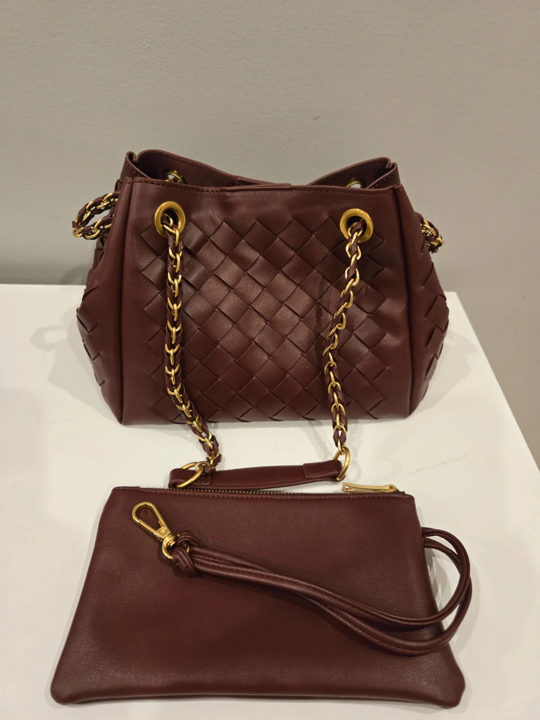 Woven Chain Handle Handbag with Clutch Burgundy - photo 3