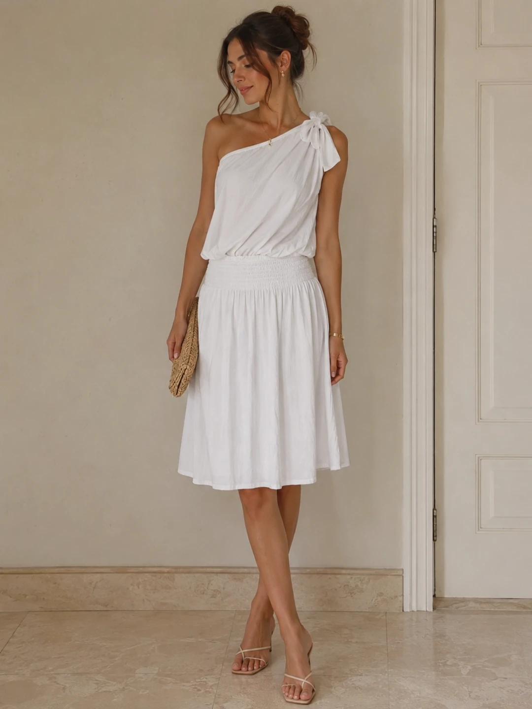 White One-Shoulder Smocked Dress