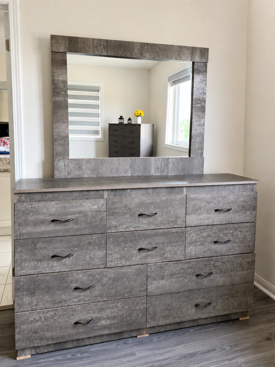 Grey Wood Dresser with Mirror