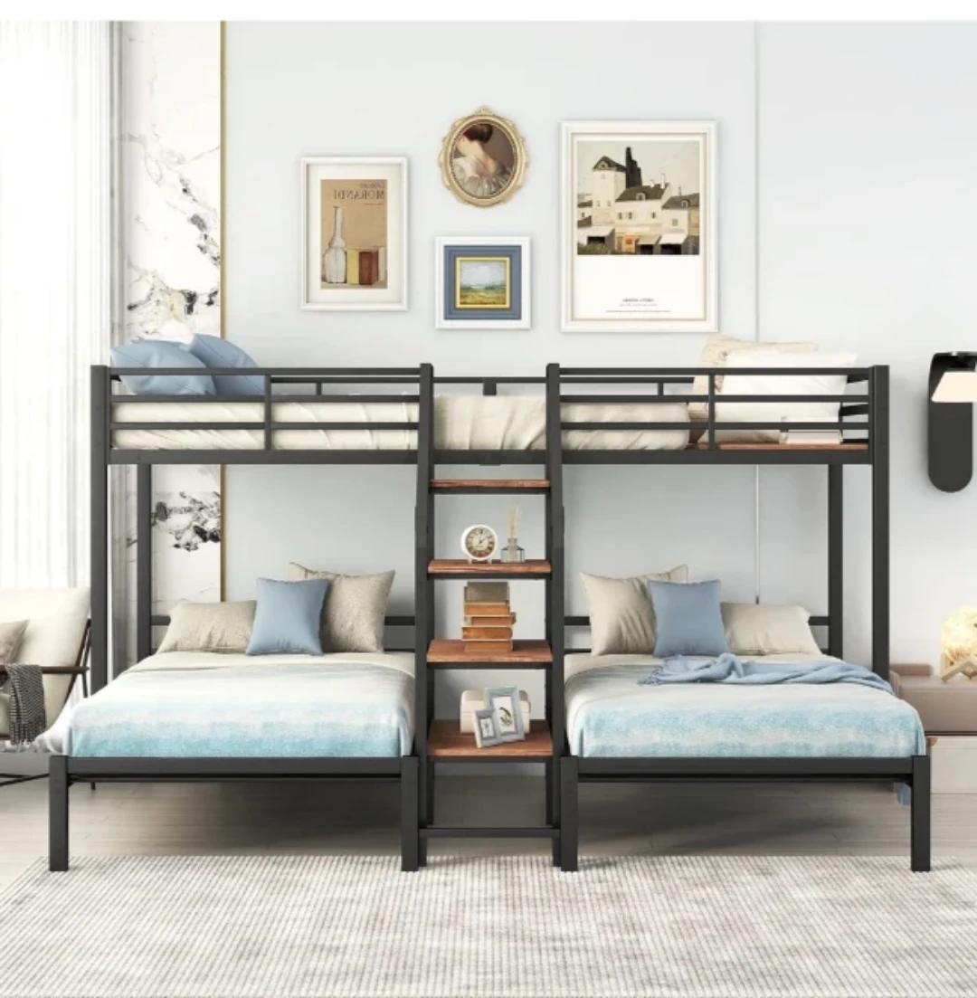Metal Triple Bunk Bed w/ Stairs & Storage + 3 Twin Mattresses ⚽ - photo 3