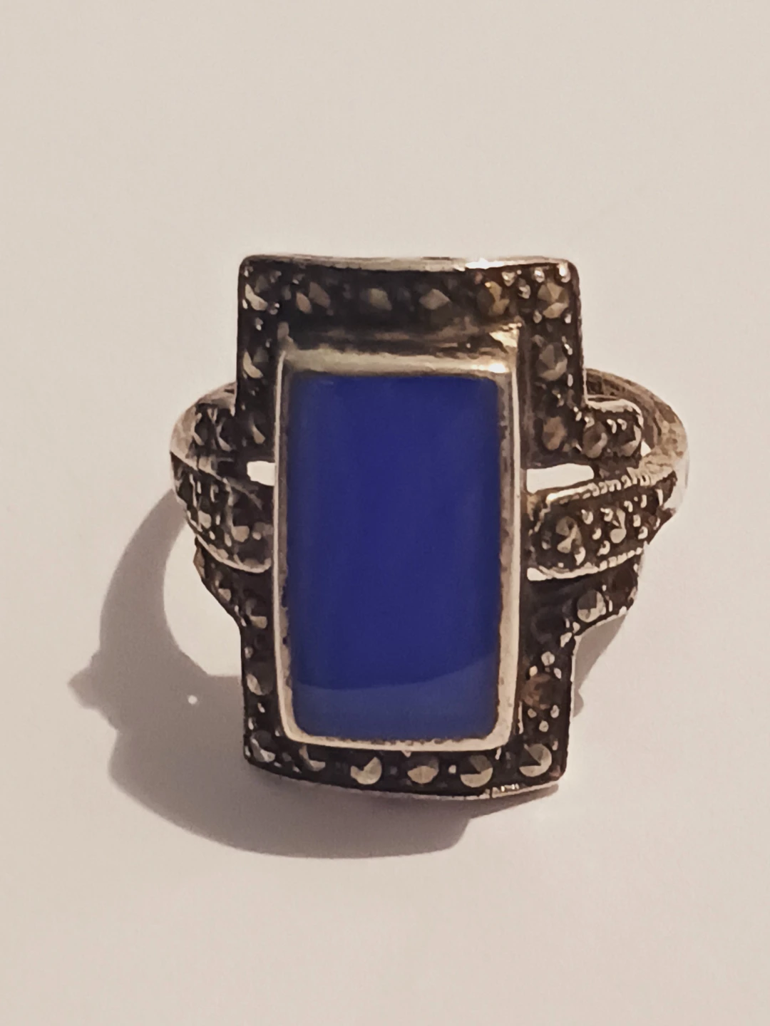 Art Deco Sterling Silver 925 Marcasites Lapis Lazuli Ring.7