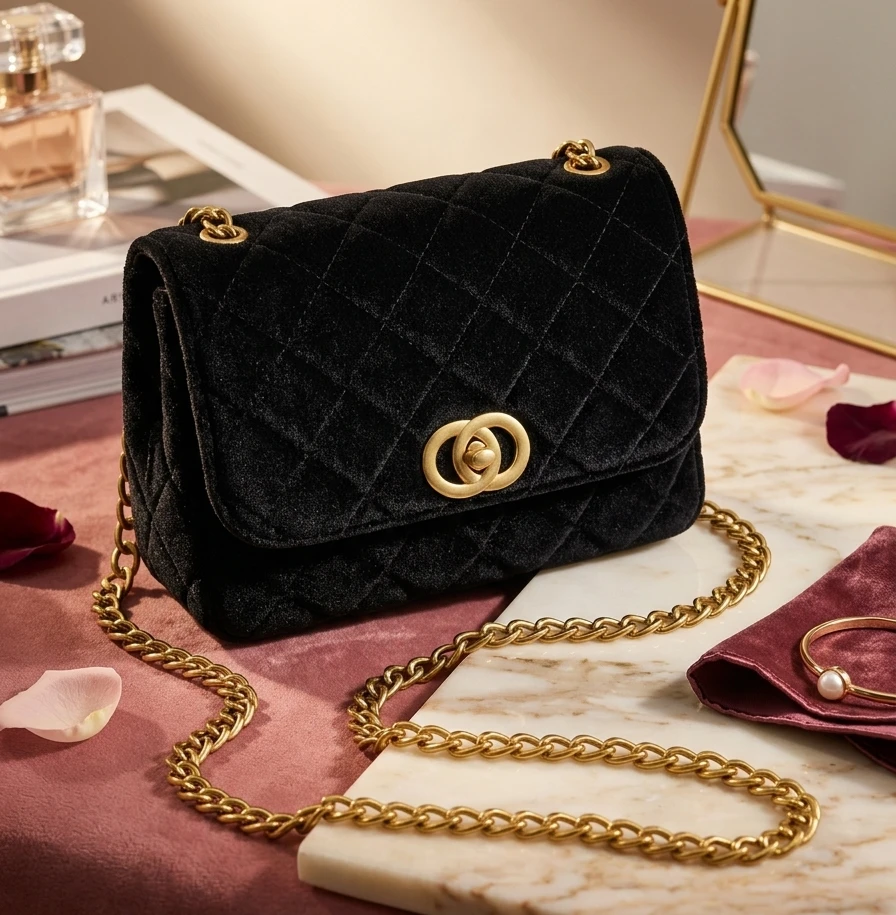Black Velvet Quilted Handbag with Gold Chain