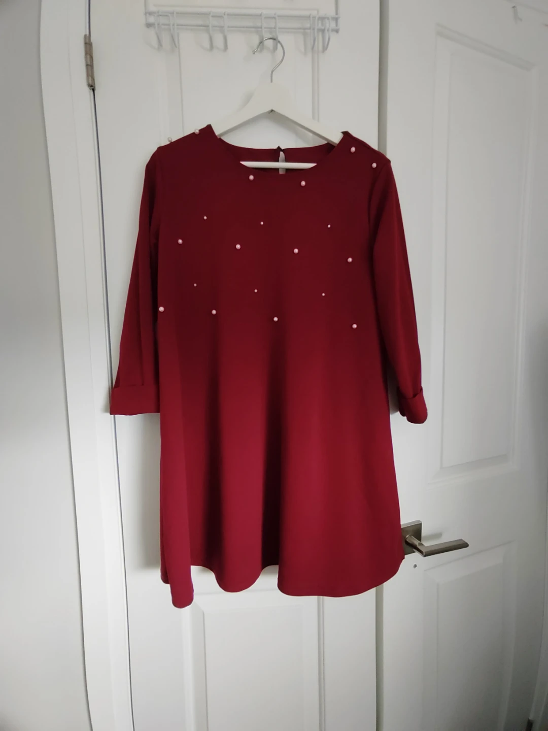 Red Pearl Embellished Long Sleeve Dress