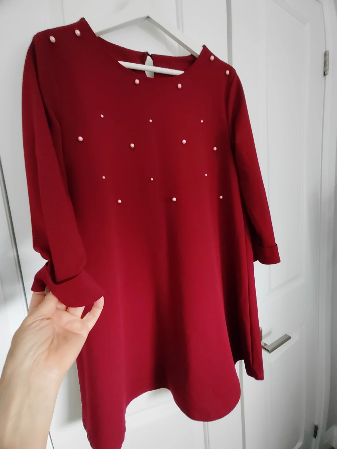 Red Pearl Embellished Long Sleeve Dress - photo 3