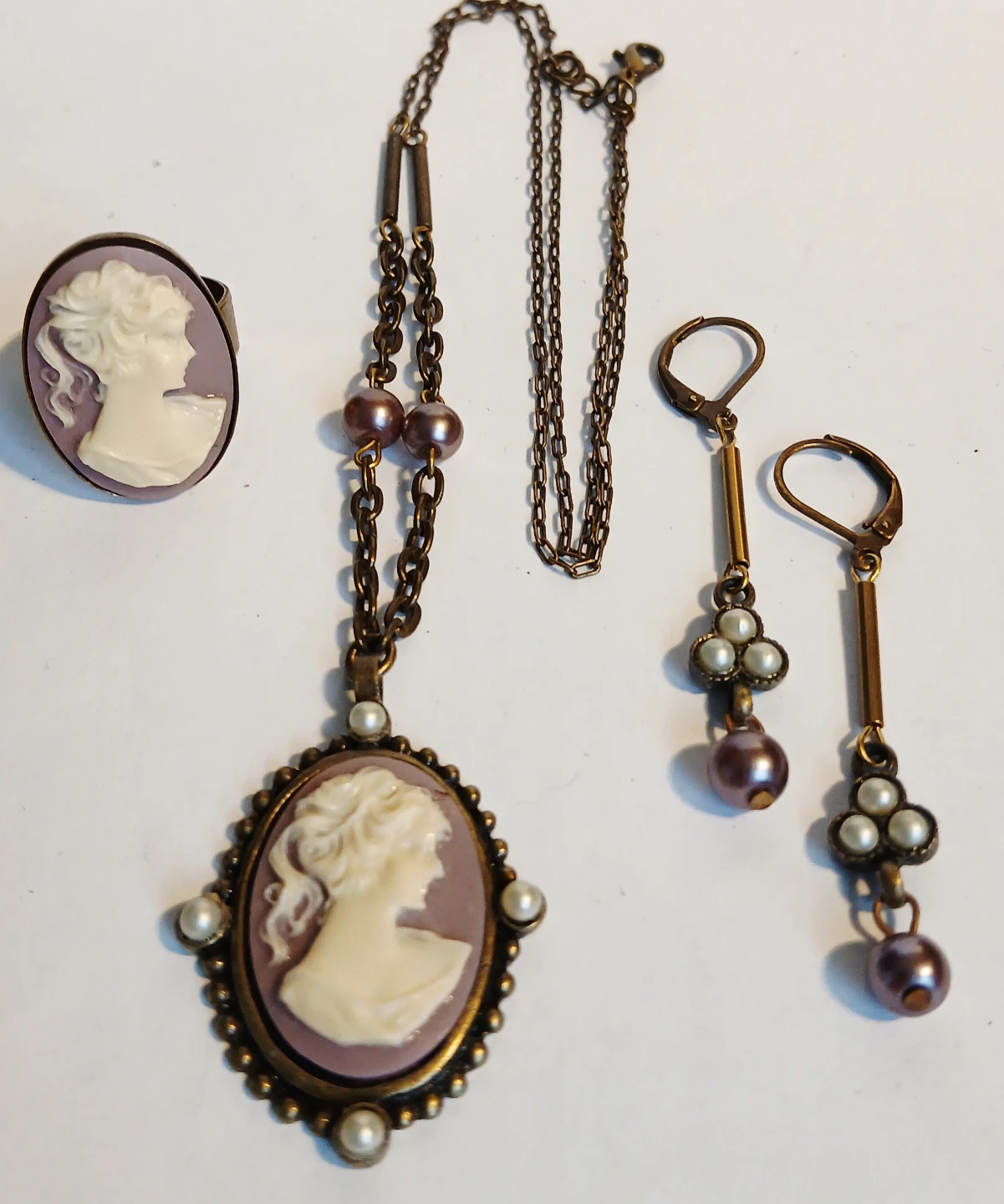 Cameo Pendant Necklace, Ring, and Earrings Set