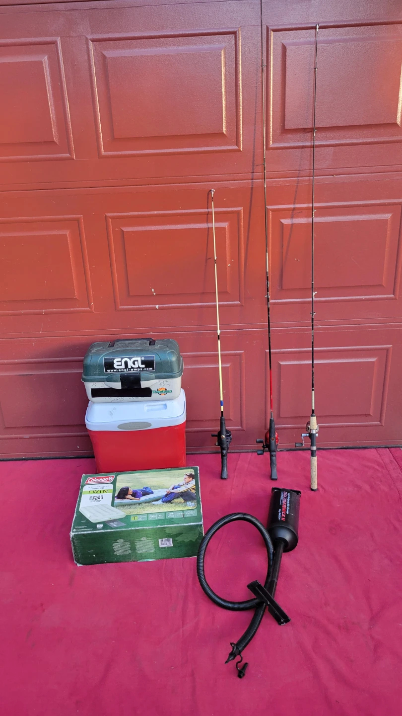 CAMPING; Fishing Rods, Tackle Box, Cooler, and Air Pump Bundle