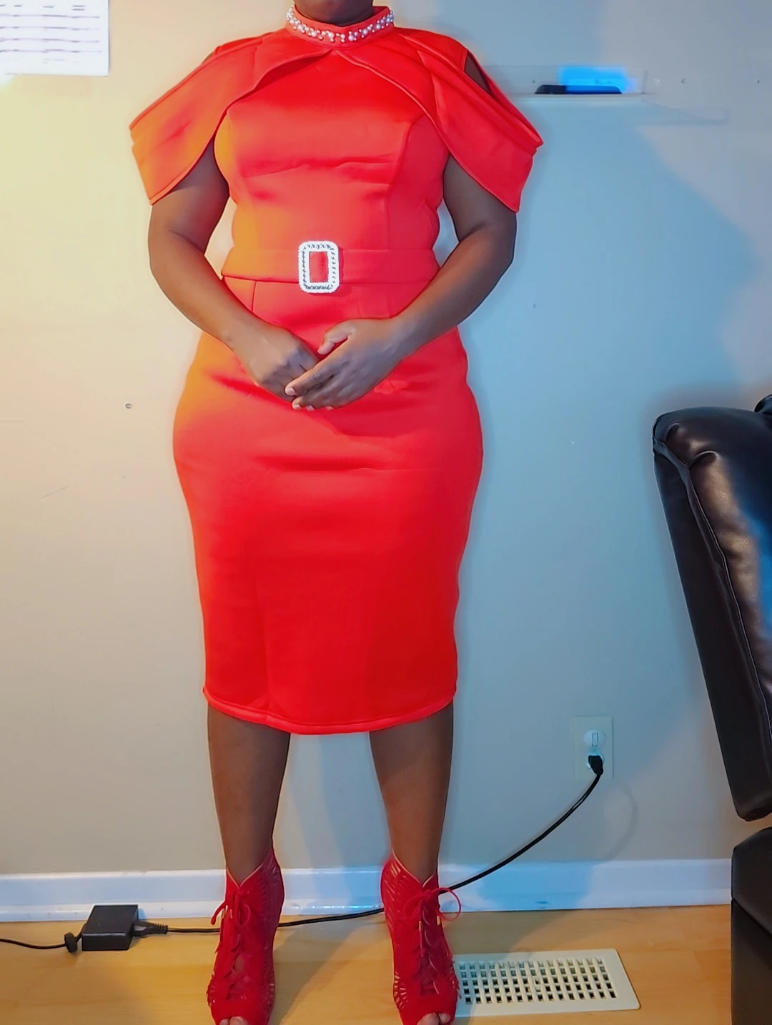 Women's Red Cold Shoulder Dress with Belt