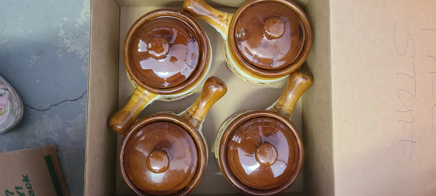 Set of 4 Brown Ceramic Soup Crocks with Lids