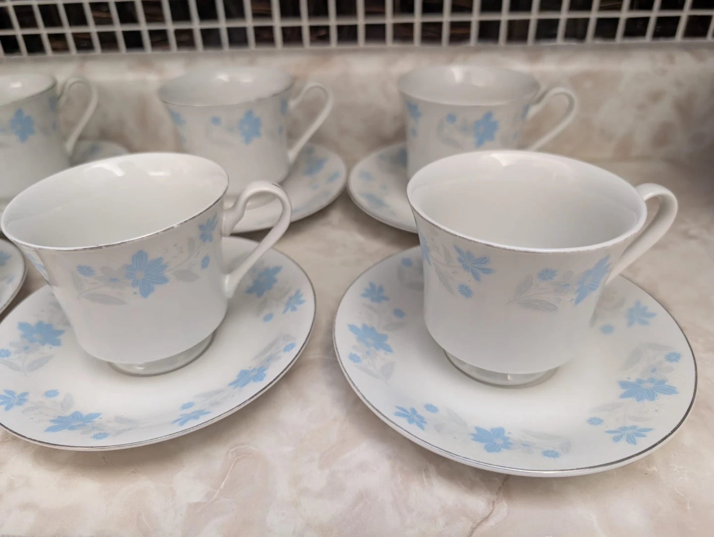 Set of 6 White Teacups and Saucers with Blue Floral Design
