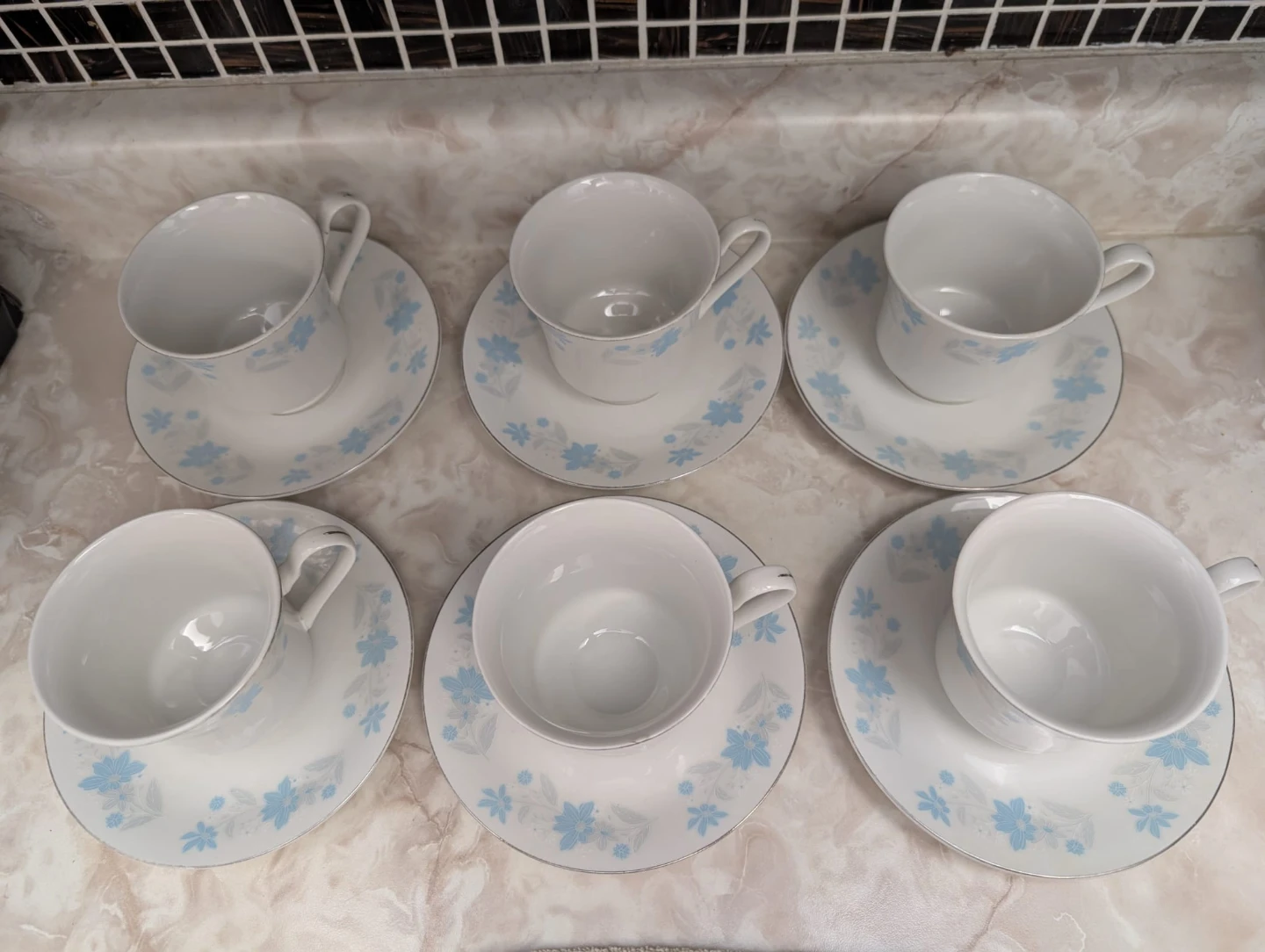 Set of 6 White Teacups and Saucers with Blue Floral Design - photo 5