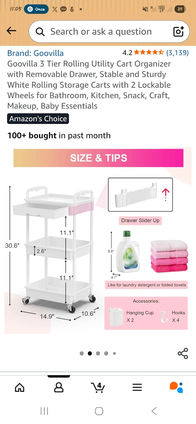 3 tier rolling cart with drawers - photo 2