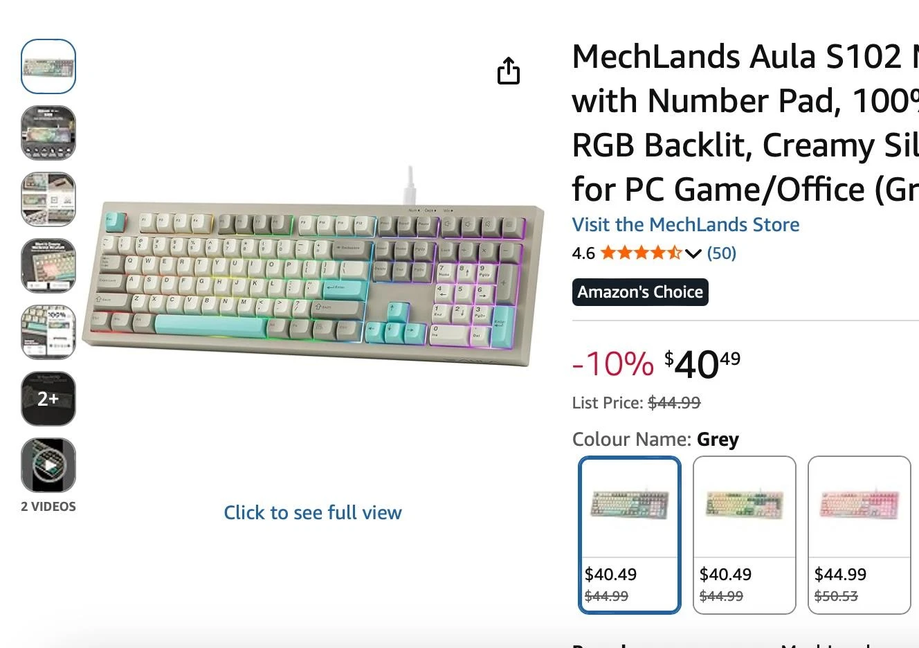 MechLands Aula S102 RGB Backlit Keyboard with Number Pad - Grey