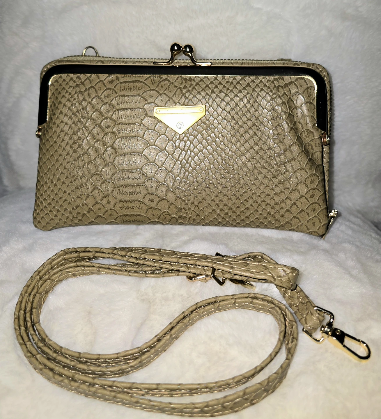 Taupe Faux Snakeskin Crossbody Clutch Purse with Gold Frame
