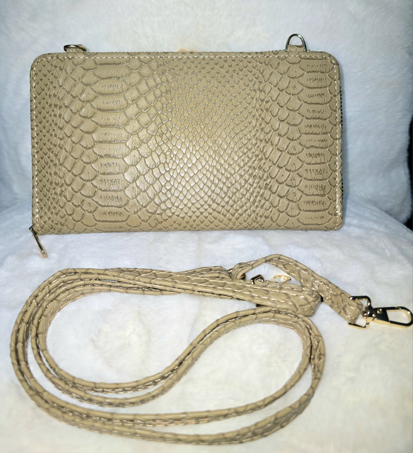 Taupe Faux Snakeskin Crossbody Clutch Purse with Gold Frame - photo 3