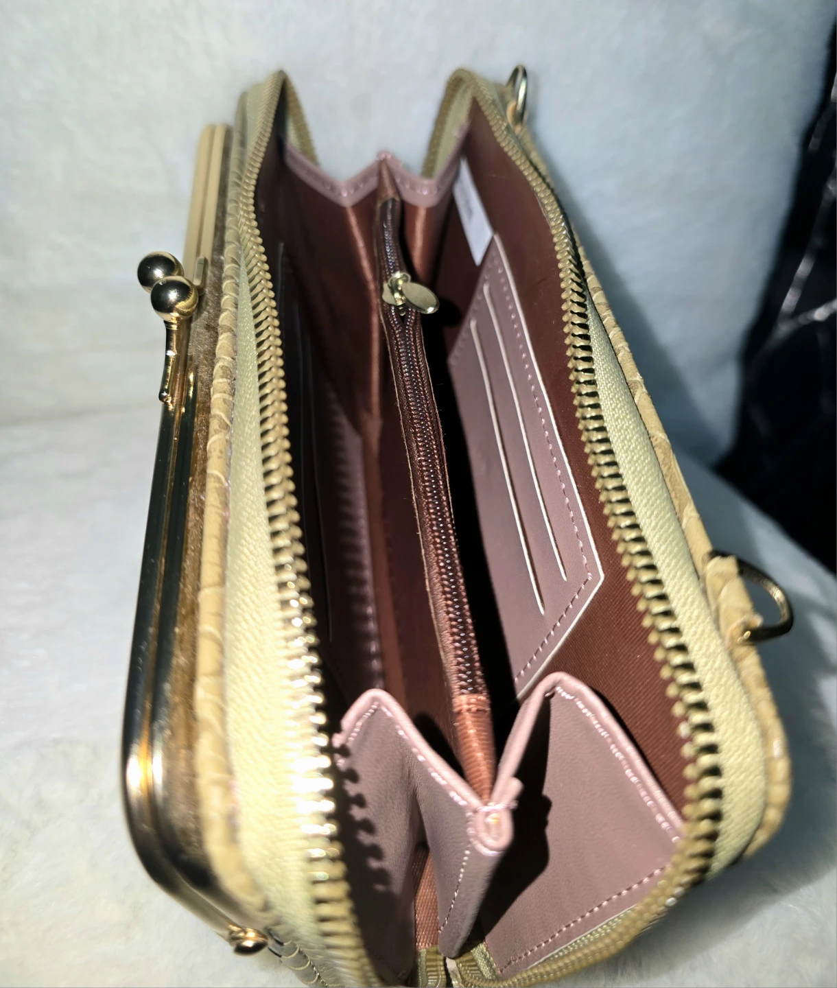 Taupe Faux Snakeskin Crossbody Clutch Purse with Gold Frame - photo 4