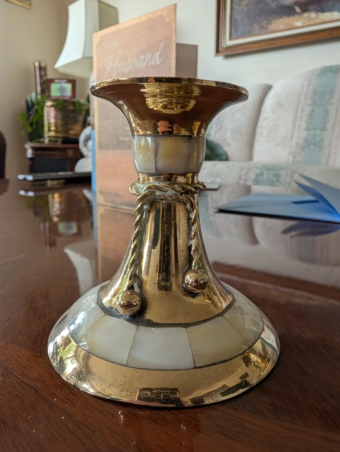 Vintage Brass and Mother of Pearl Candlestick Holders - Pair