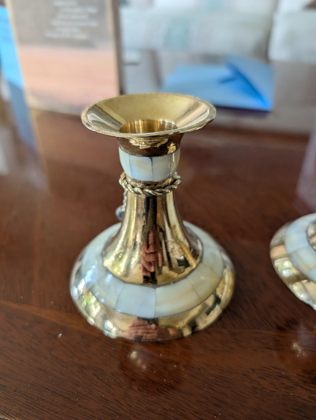 Vintage Brass and Mother of Pearl Candlestick Holders - Pair - photo 3