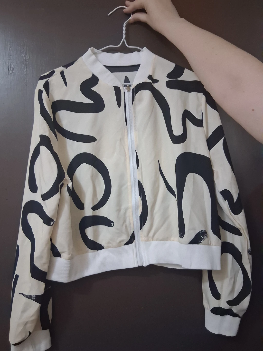 Cream and Black Abstract Print Cropped Jacket