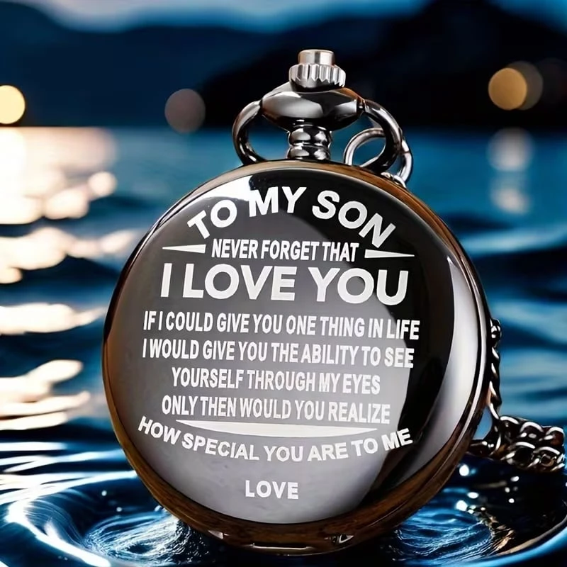 ​"To My Son" Black Pocket Watch with Chain – Sentimental Gift