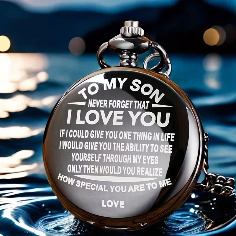 ​"To My Son" Black Pocket Watch with Chain – Sentimental Gift