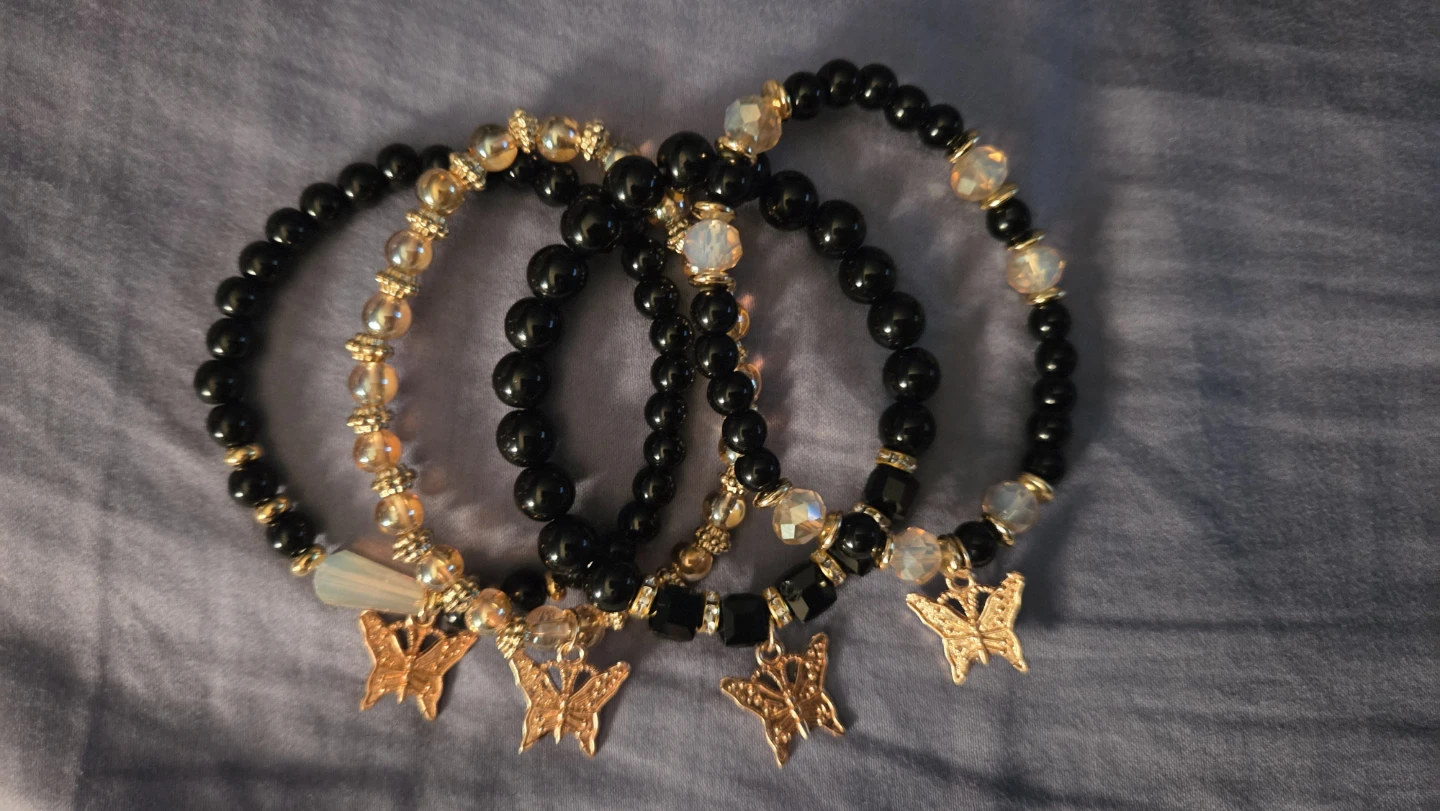 Black Beaded Bracelets with Butterfly Charms