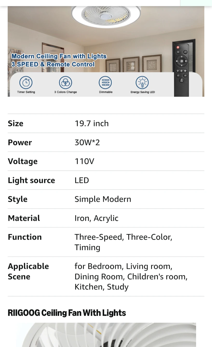 RIIGOOOG Modern Ceiling Fan with Lights and Remote 19.7" - photo 3