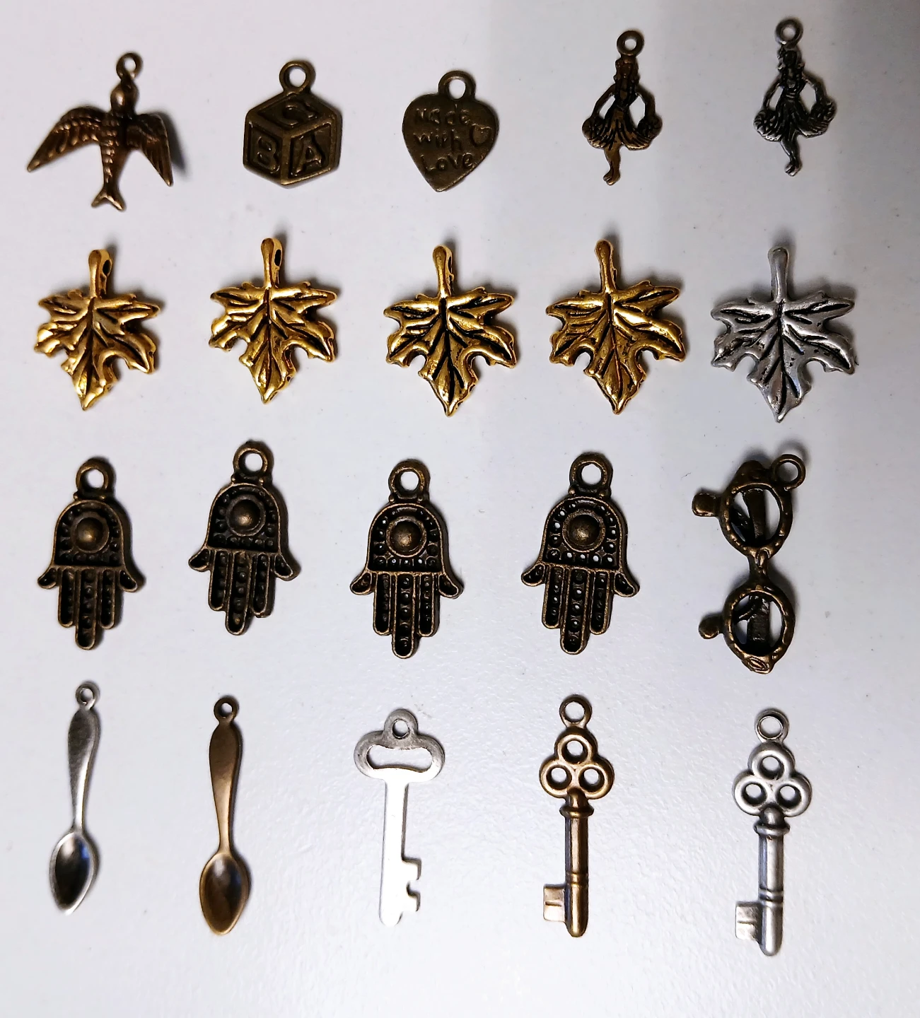 20 Assorted Charms - Leaf, Hamsa, Key, Spoon, Bird - photo 5