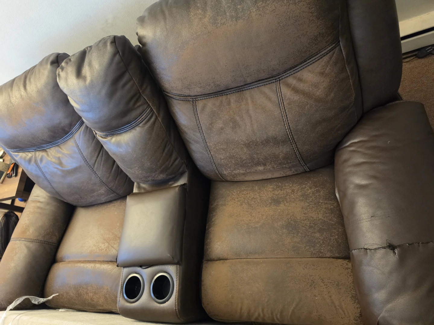 Brown Faux Leather Reclining Loveseat with Cup Holders