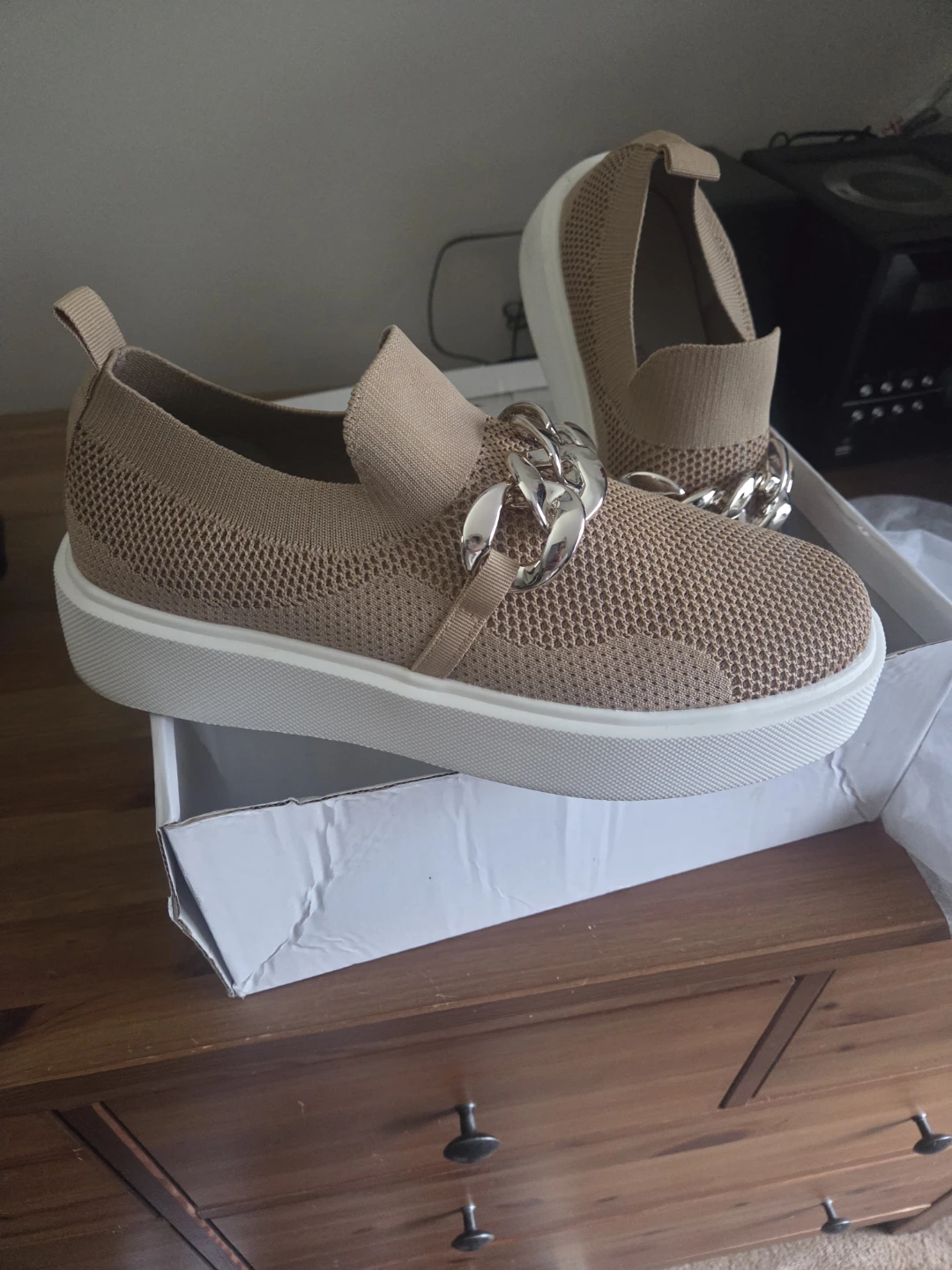 Tan Slip-On Loafers with Chain Detail