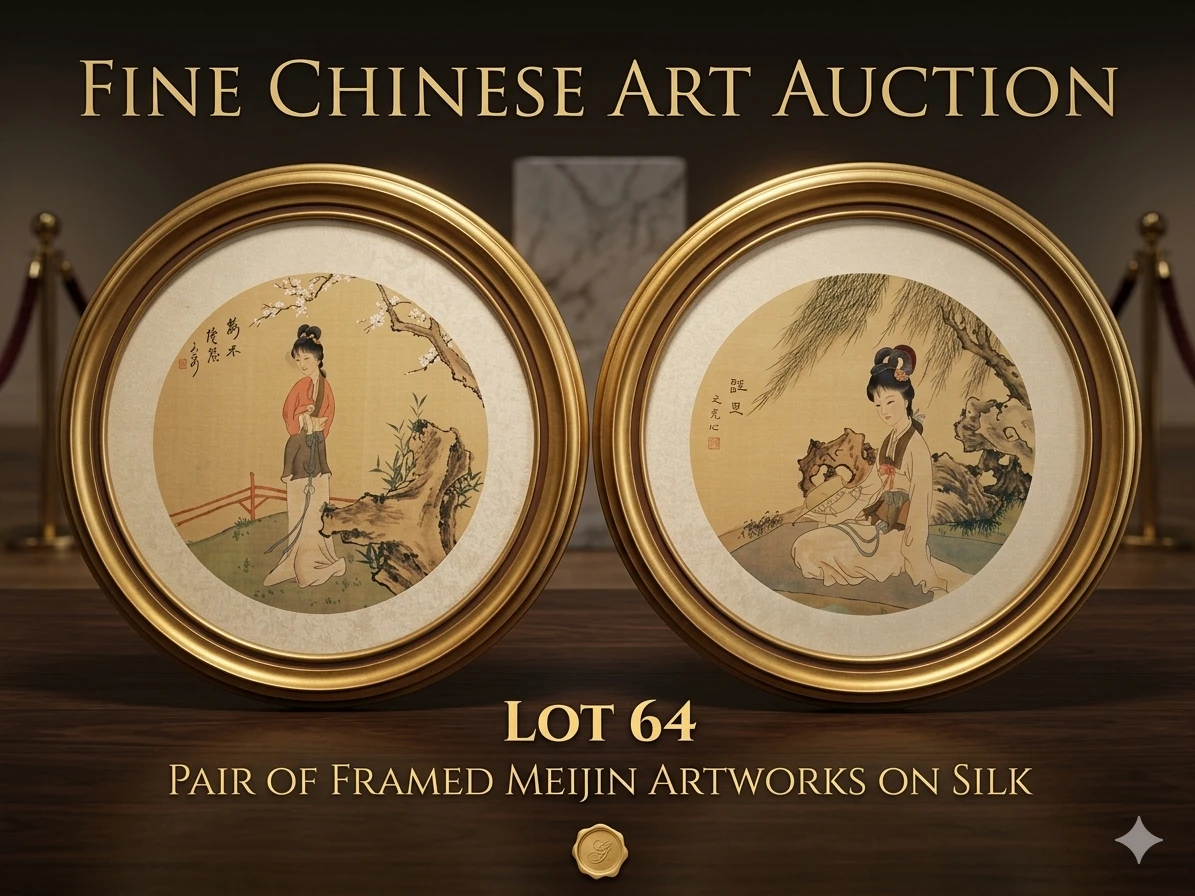 Pair of Framed Meijin Artworks on Silk
