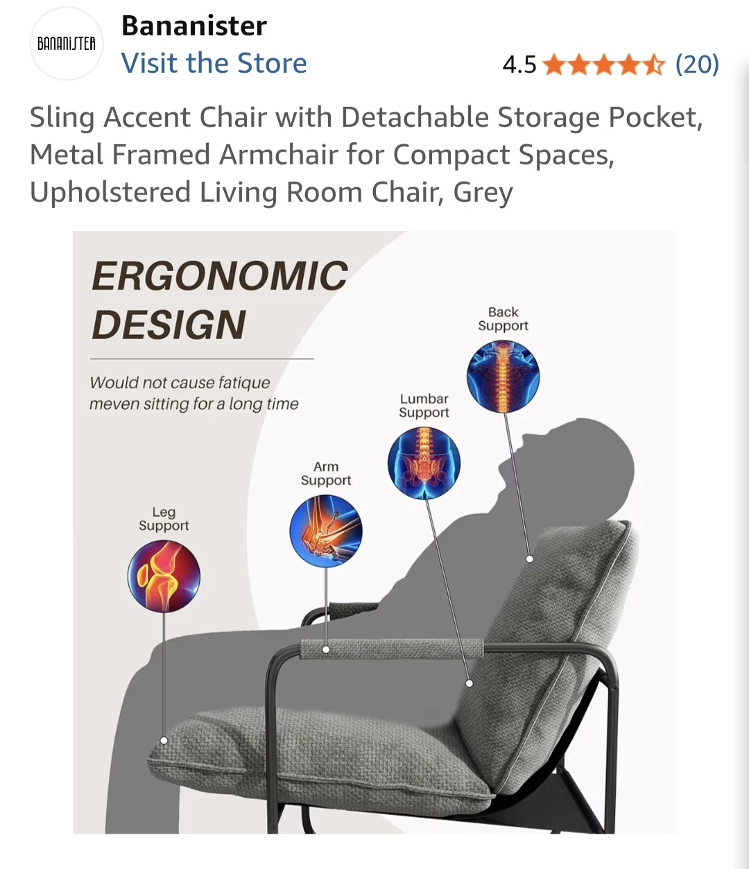 Bananister Grey Sling Accent Chair with Storage Pocket - photo 4