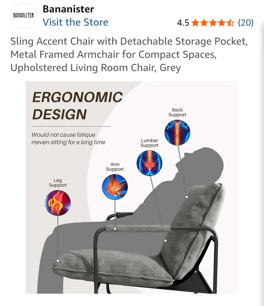 Bananister Grey Sling Accent Chair with Storage Pocket - photo 4