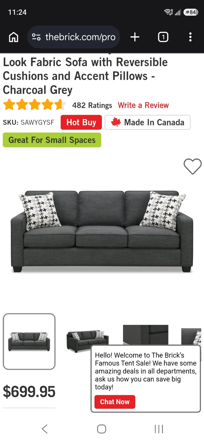 The Brick Look Fabric Sofa with Accent Pillows - Charcoal Grey - photo 3