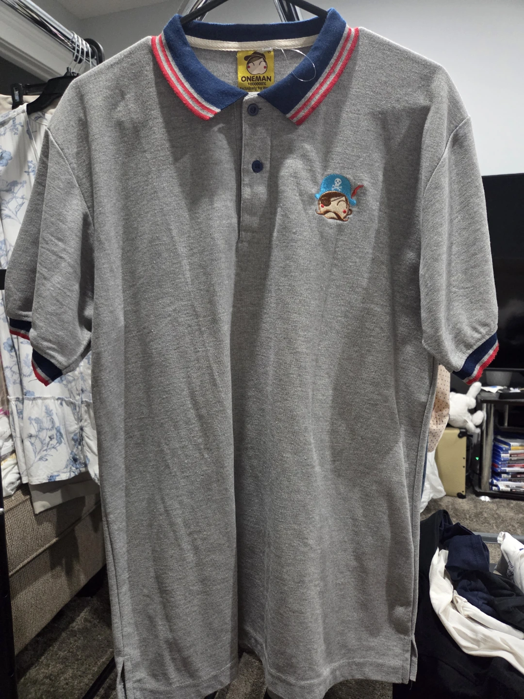 ONEMAN Grey Polo Shirt with Pirate Graphic