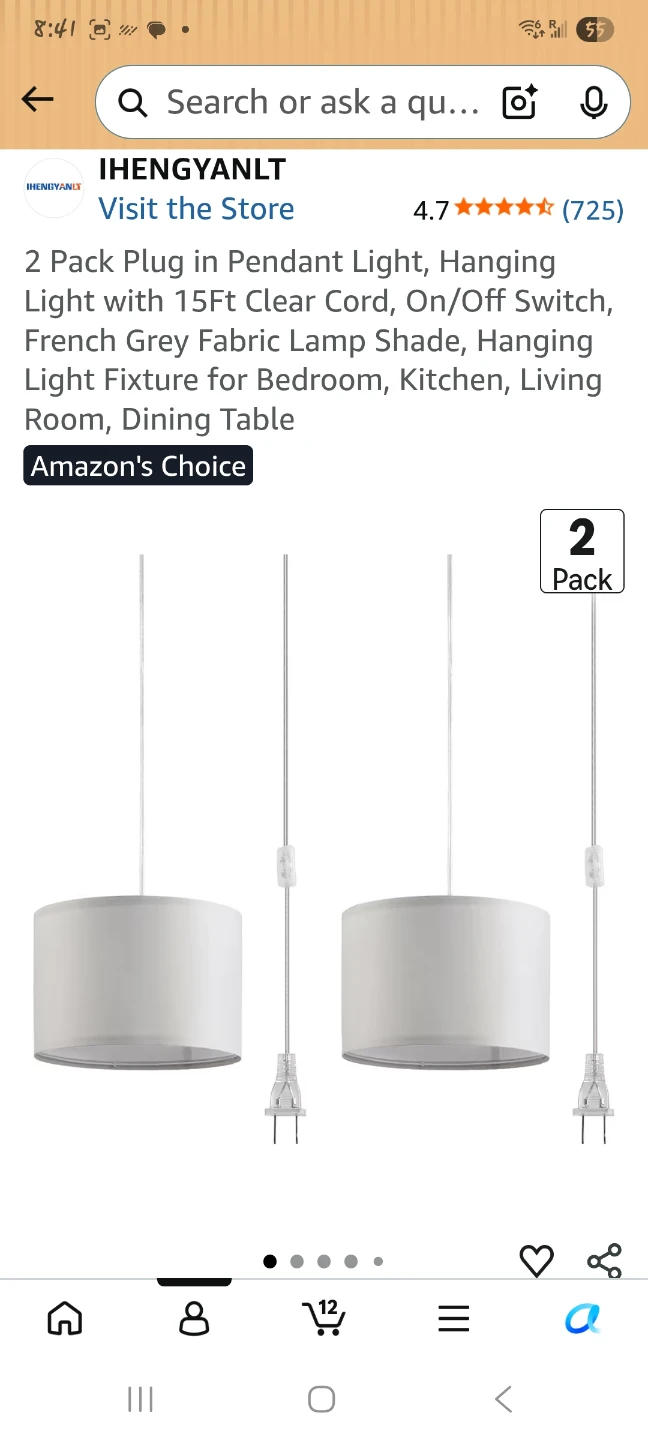 2 Pack Plug-in Pendant Lights with Fabric Shades