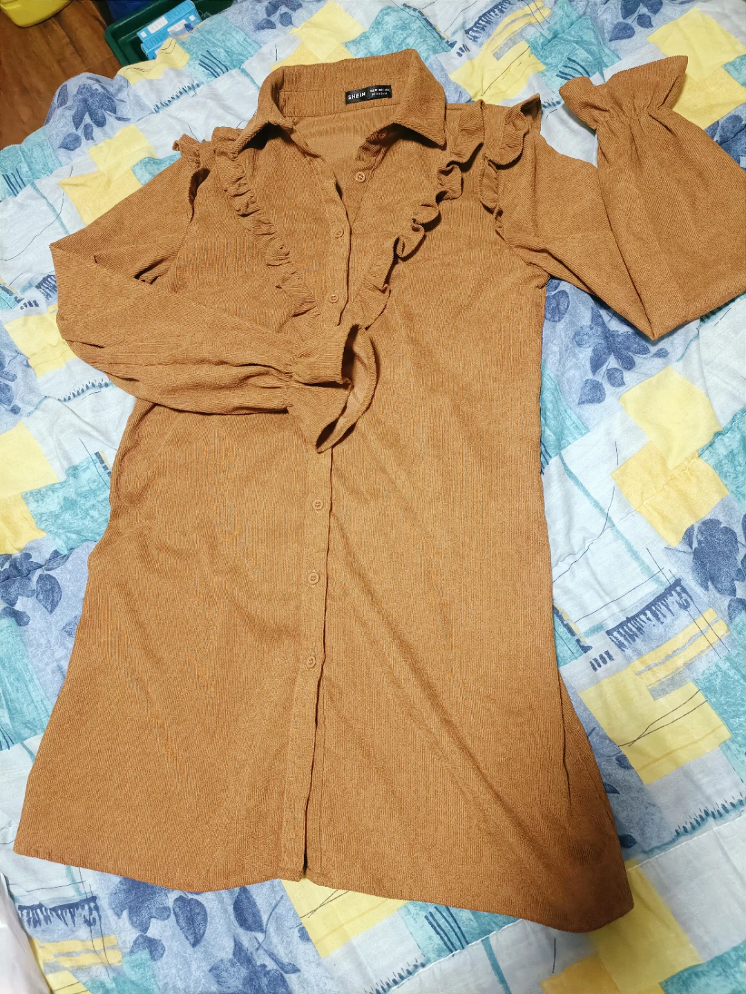 Shein Brown Ruffled Long Sleeve Button-Up Dress