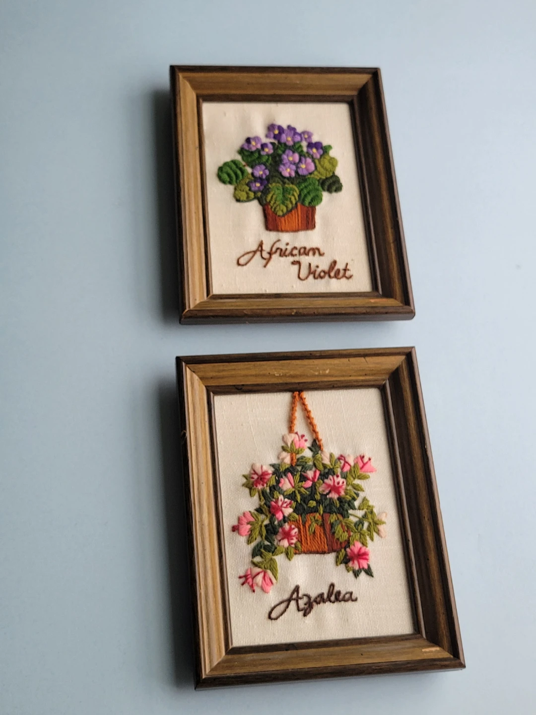 Vintage Floral Crewel  Embroidery Art - Azalea & African Violet