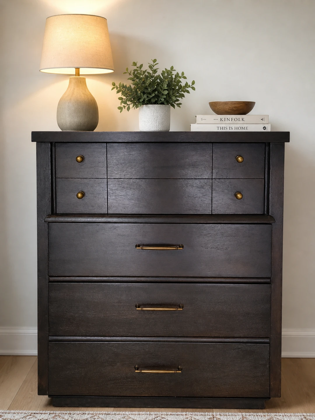 Dark Wood Dresser with Brass Hardware