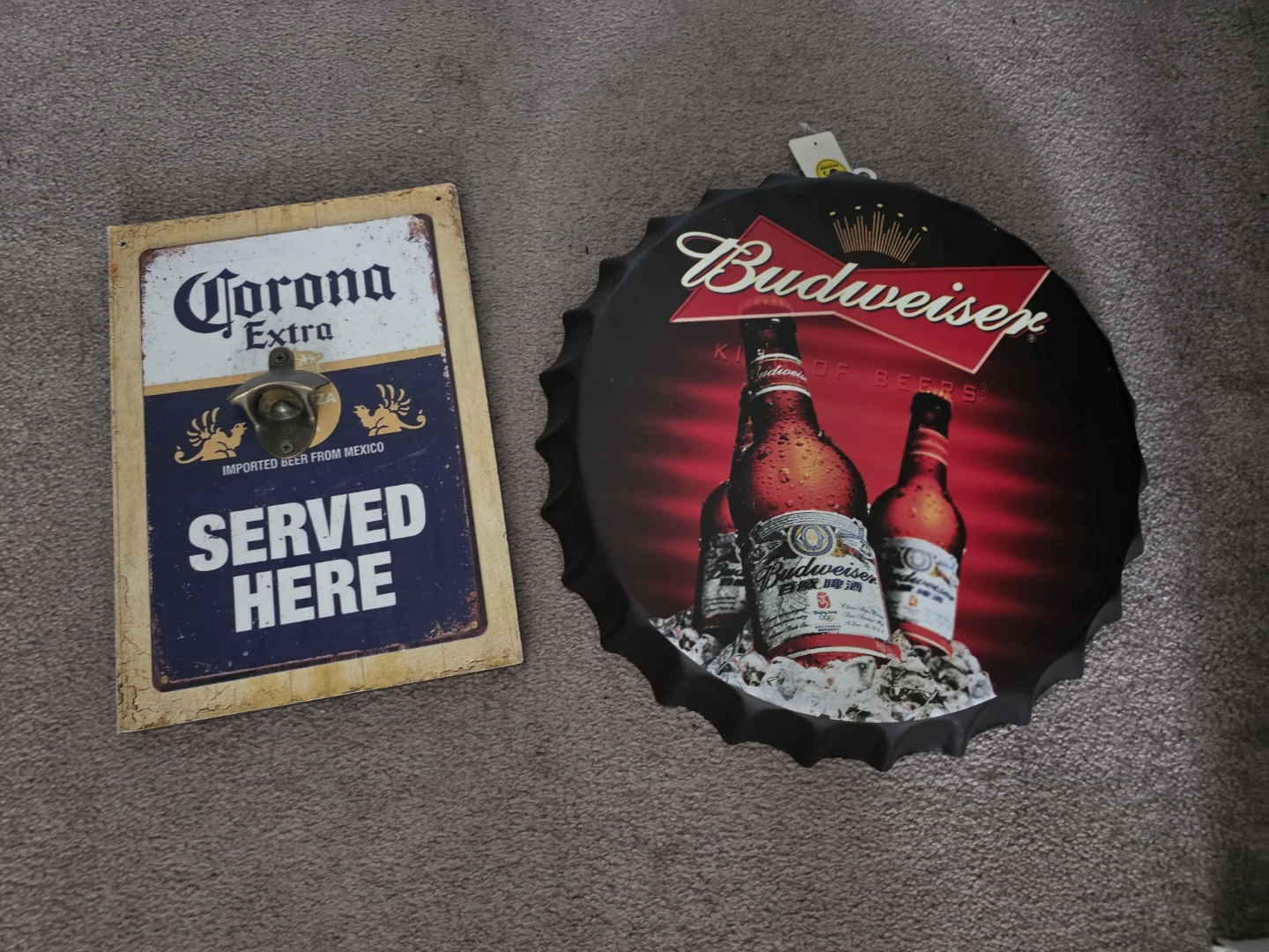 Corona Extra and Budweiser Beer Signs with Bottle Opener