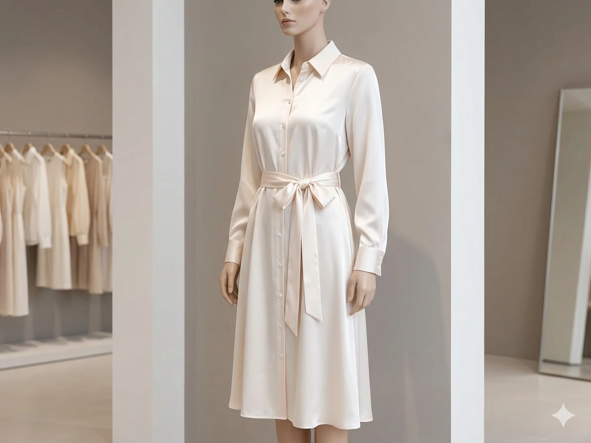 Women's Cream Satin Shirt Dress