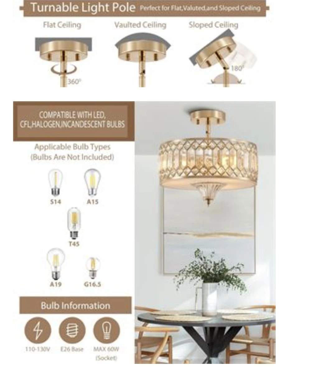 Modern 3-Light Crystal Semi-Flush Ceiling Light - photo 3