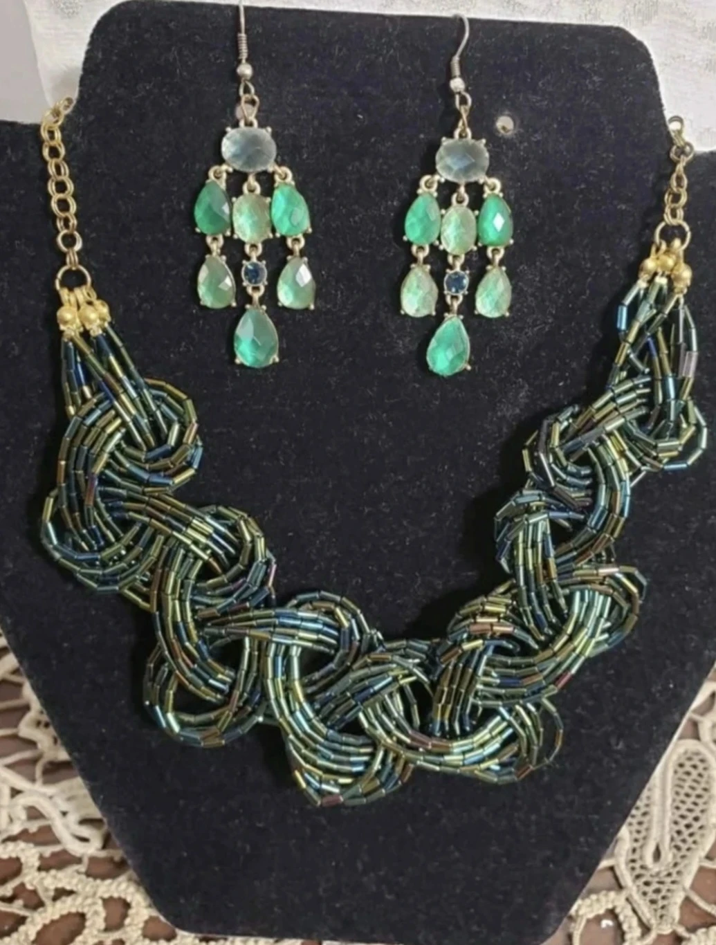 Beaded Necklace and Earring Set - Green/Blue
