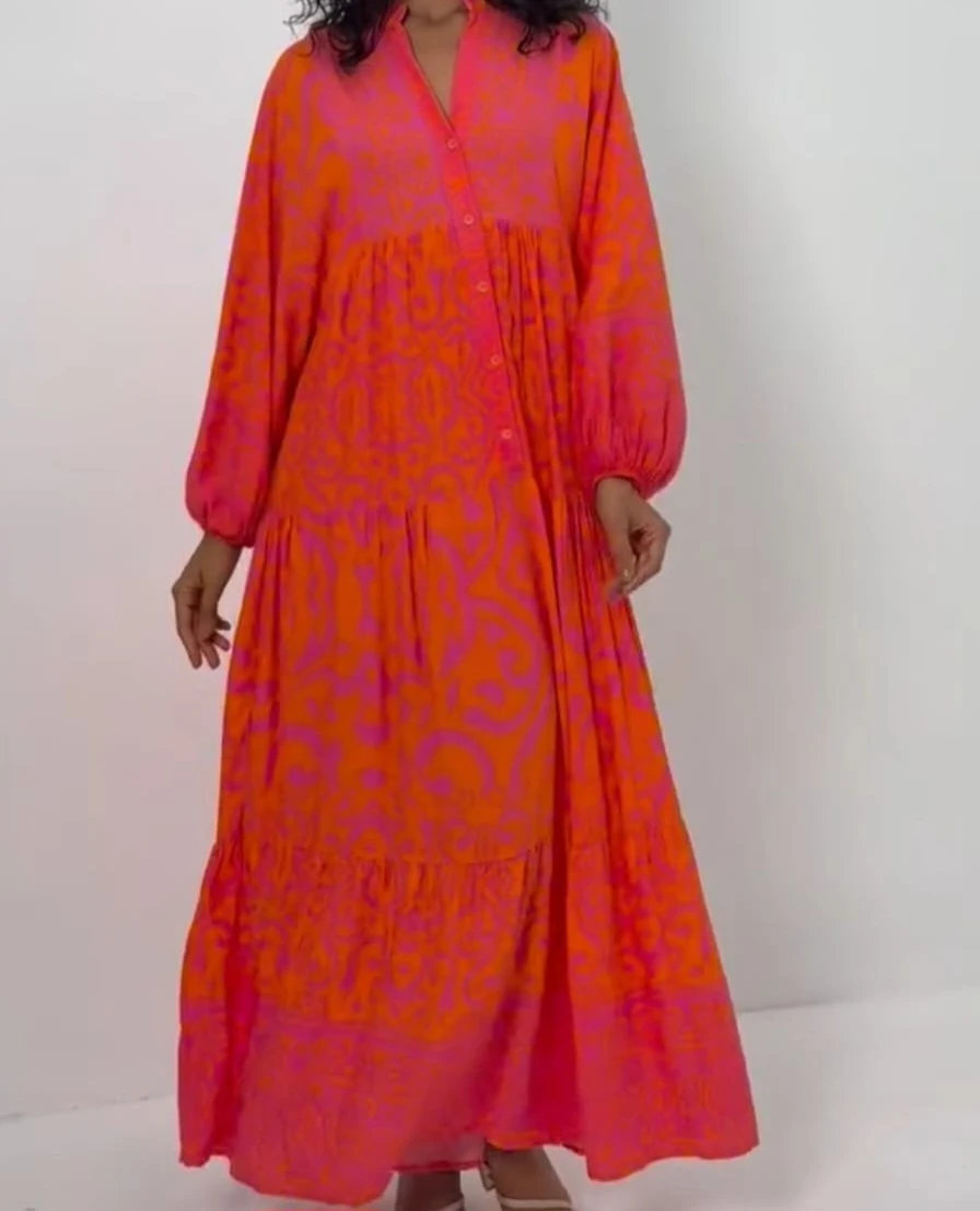 Orange and Pink Patterned Maxi Dress