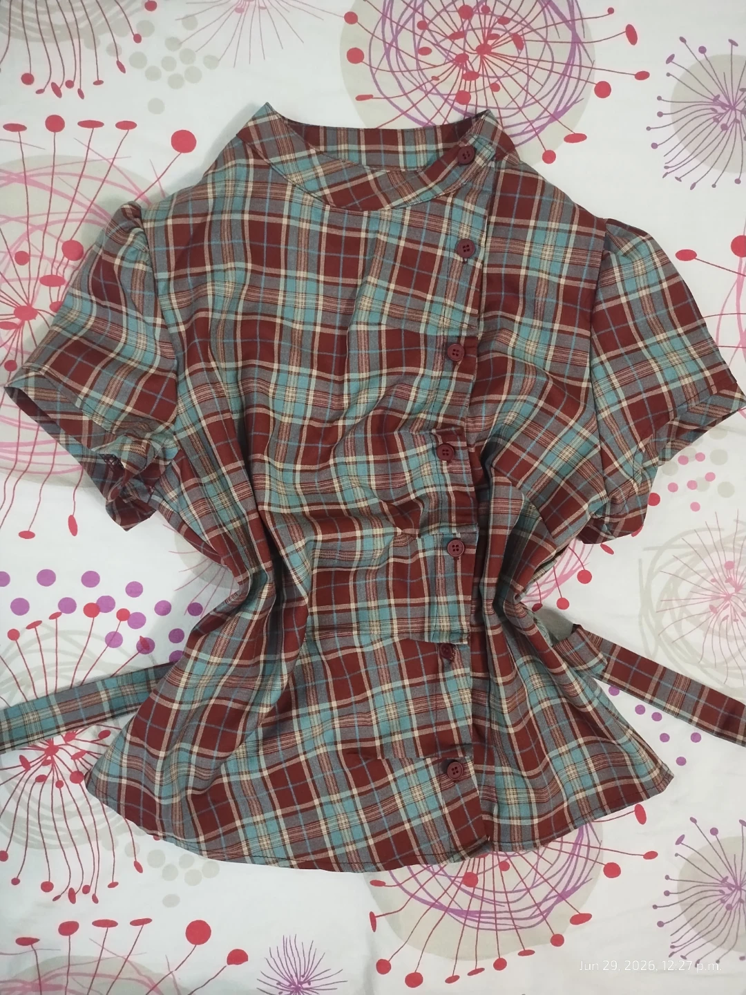 Plaid Button-up Short Sleeve Blouse with tie at the back
