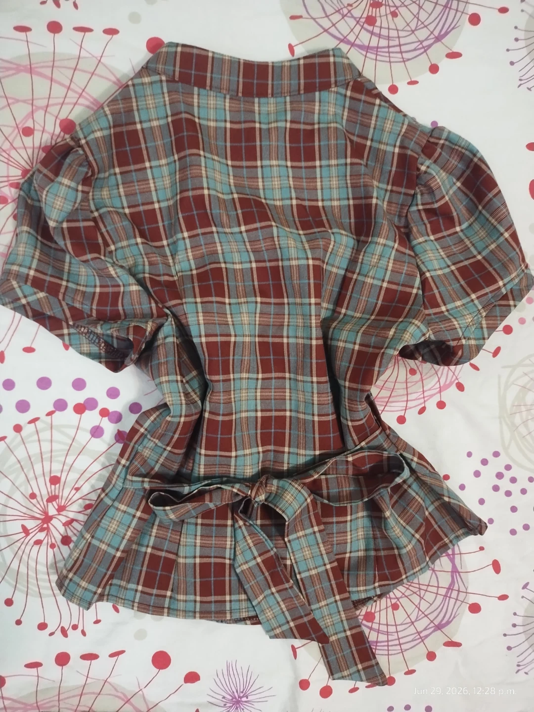 Plaid Button-up Short Sleeve Blouse with tie at the back - photo 2
