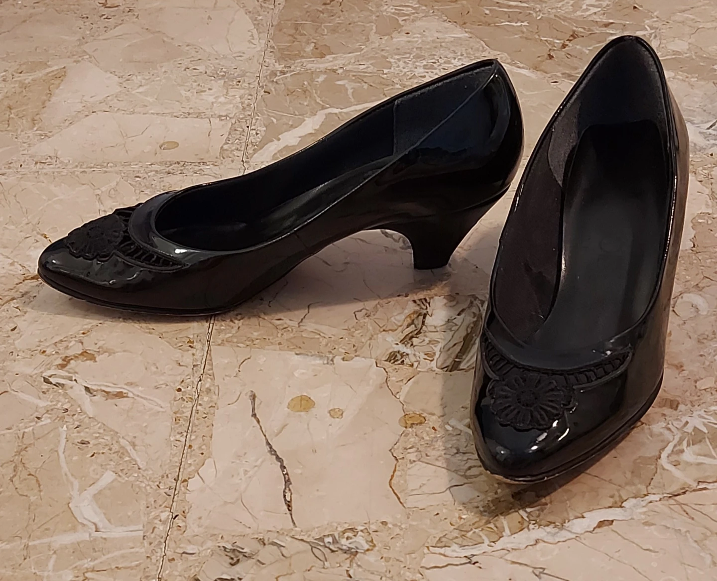Black Patent Leather Heels with Floral Detail